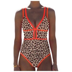 NWT Popvil Women Leopard Print Neon Orange Tummy Control Cutout One Piece Swim M